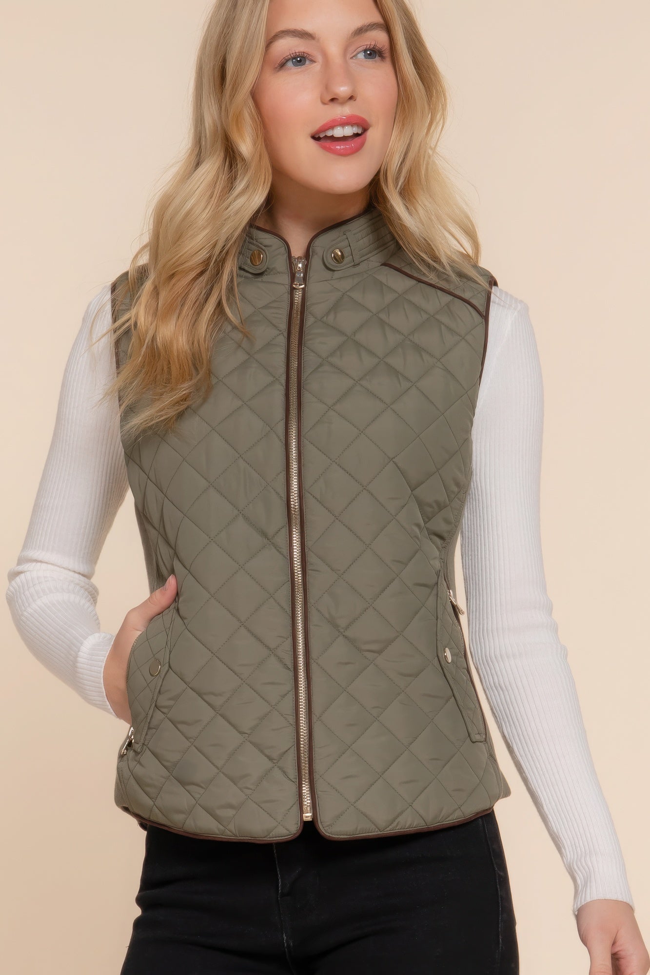 Suede Piping Quilted Padding Vest